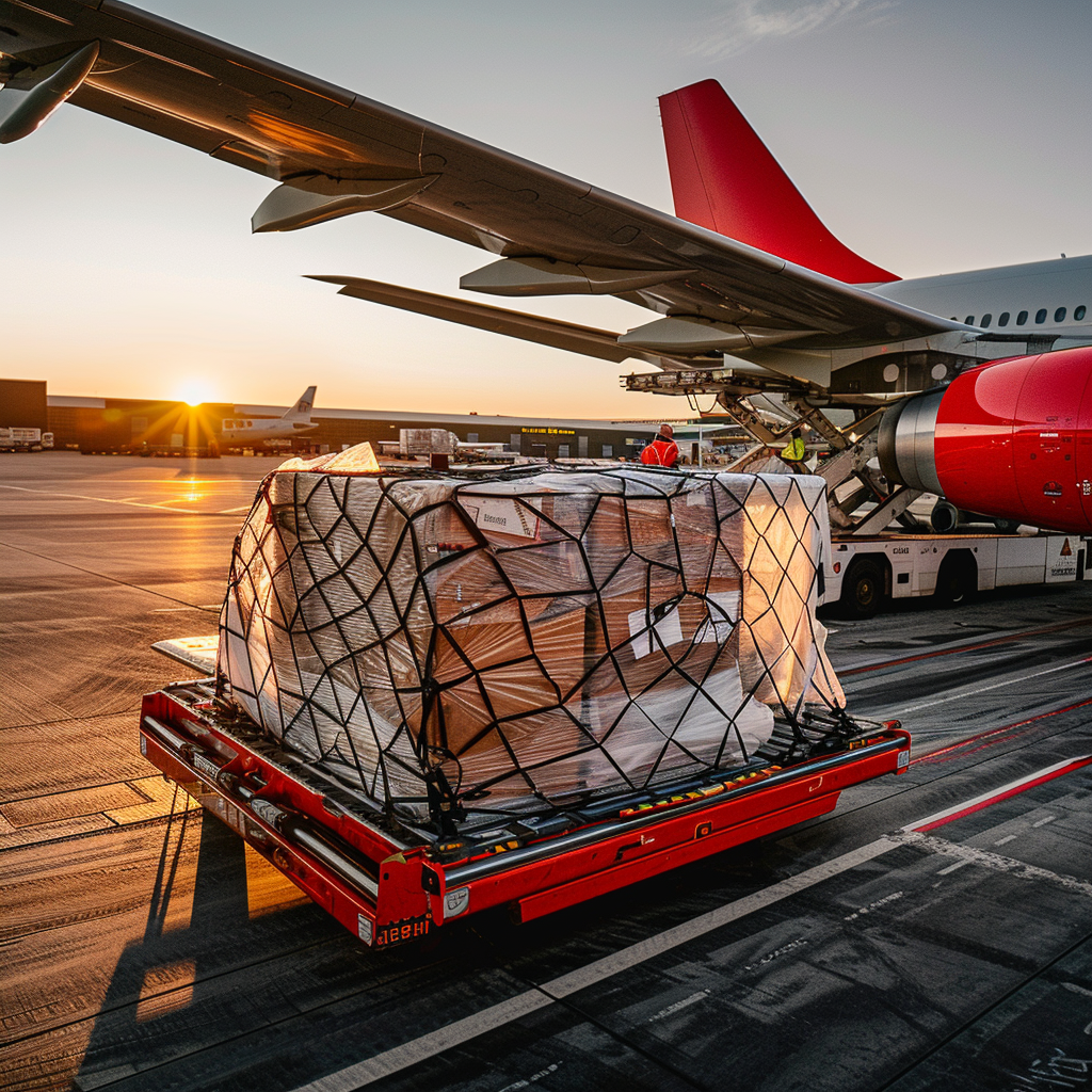 Air freight cargo ready to be loaded onto a plane