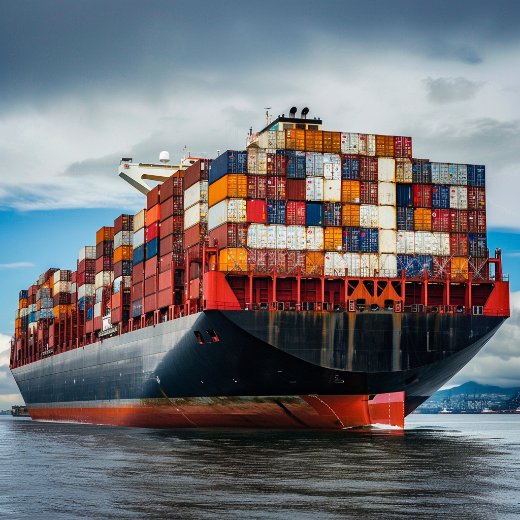 A cargo ship carrying cargo containers in the ocean.