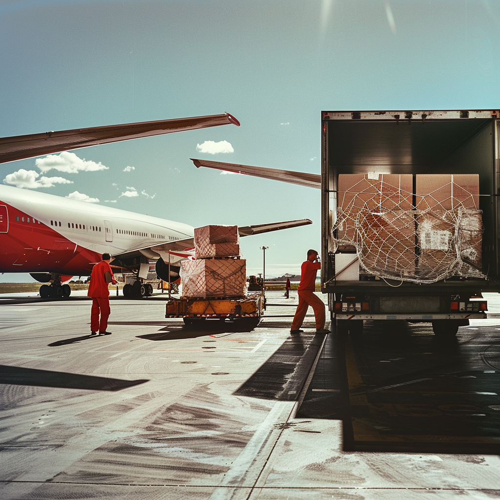 Workers loading cargo from a truck onto a plane